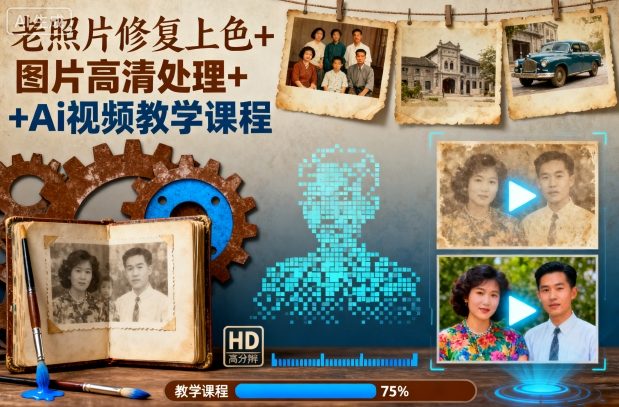 老照片修复上色+图片高清处理+Ai视频教学课程-创领云聚