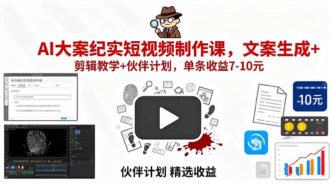 AI大案纪实短视频制作课，文案生成+剪辑教学+伙伴计划，单条收益7-10元-创领云聚