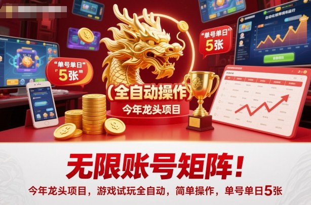 无限账号矩阵！今年龙头项目，游戏试玩全自动，简单操作，单号单日5张【揭秘】-创领云聚