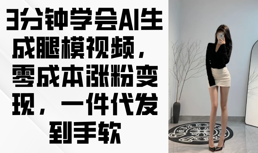 3分钟学会AI生成腿模视频，零成本涨粉变现，一件代发到手软-创领云聚