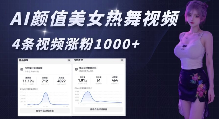 AI颜值美女热舞视频，4条视频涨粉1000+，实测6分钟一条-创领云聚