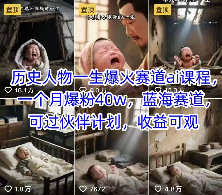 历史人物一生爆火赛道ai课程，一个月爆粉40w，蓝海赛道，可过伙伴计划，收益可观-创领云聚