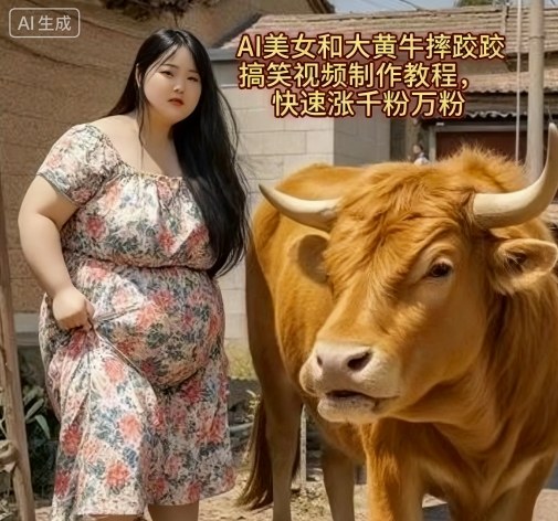 AI美女和大黄牛摔跤搞笑荒诞视频制作教程，快速涨千粉万粉-创领云聚