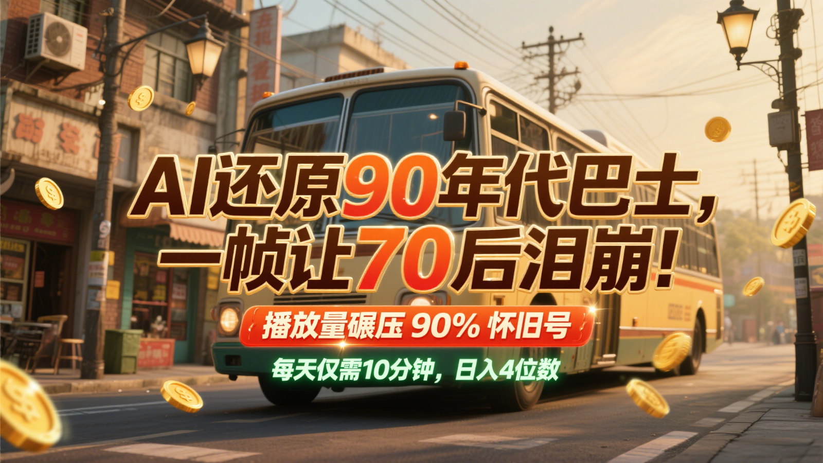 AI还原90年代巴士，一帧让70后泪崩！播放量碾压90%怀旧号，每天10分钟，日入4位数-创领云聚
