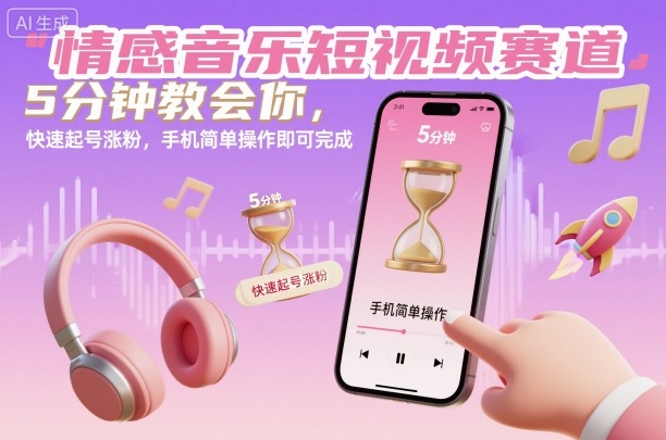 情感音乐短视频赛道，5分钟教会你，快速起号涨粉，手机简单操作即可完成-创领云聚