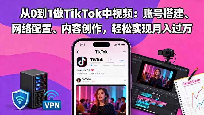 从0到1做TikTok中视频：账号搭建、网络配置、内容创作，轻松实现月入过万-创领云聚