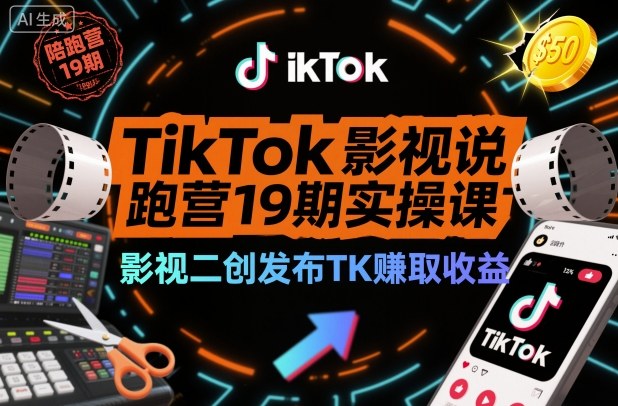 TikTok影视解说陪跑营19期实操课，影视二创发布TK賺取收益，万播收益50美金-创领云聚