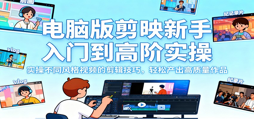 电脑版剪映新手入门到高阶实操，实操不同风格视频的剪辑技巧，轻松产出高质量作品-创领云聚