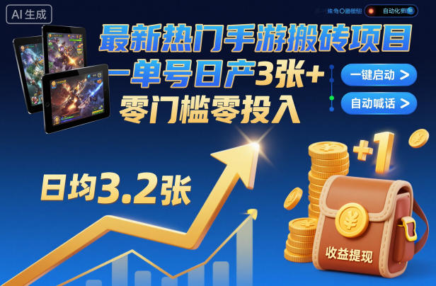 最新热门手游搬砖项目，一键自动化挂G，单号日产3张+，零门槛零投入【揭秘】-创领云聚