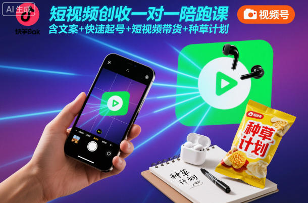 短视频创收一对一陪跑课，含文案+快速起号+短视频带货+种草计划-创领云聚