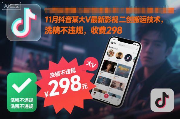 11月抖音某大V最新影视二创搬运技术，洗稿不违规，收费298-创领云聚