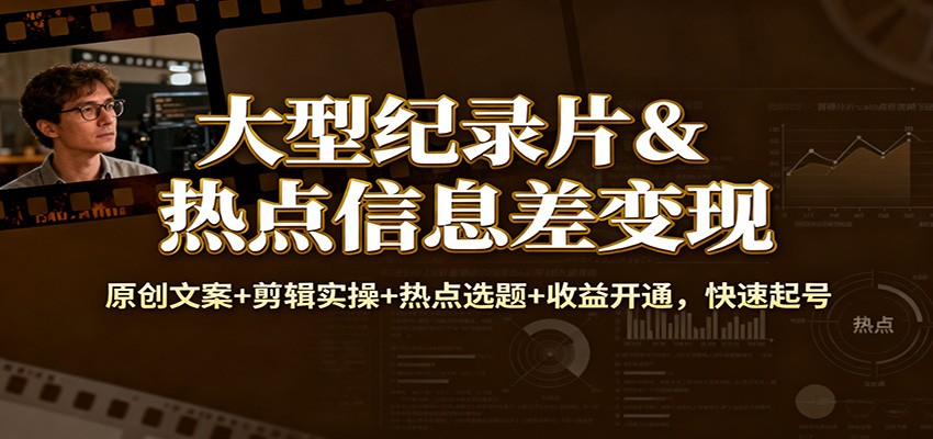 大型纪录片&热点信息差变现:原创文案+剪辑实操+热点选题+收益开通,快速起号-创领云聚
