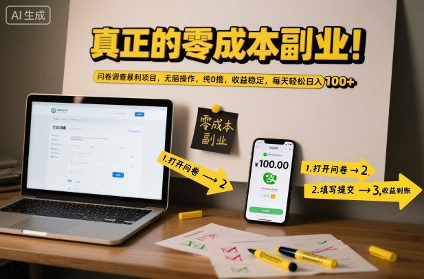 真正的零成本副业！问卷调查暴利项目，无脑操作，纯0撸，收益稳定，每天轻松日入100+【揭秘】-创领云聚