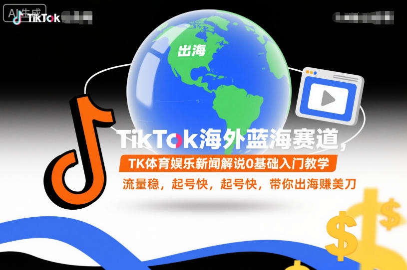TikTok海外蓝海赛道，TK体育娱乐新闻解说0基础入门教学，流量稳，起号快，带你出海賺美刀-创领云聚