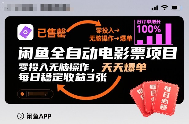 闲鱼全自动电影票项目，零投入无脑操作，天天爆单，每日稳定收益3张【揭秘】-创领云聚