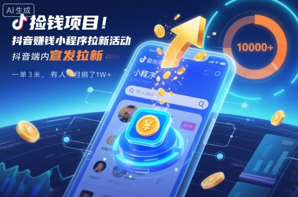 捡钱项目！抖音賺钱小程序拉新活动，抖音端内宣发拉新，一单3米，有人半个月搞了1W+-创领云聚