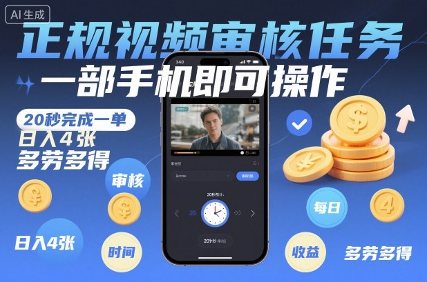 正规视频审核任务，一部手机即可操作，20秒完成一单，日入4张，多劳多得【揭秘】-创领云聚