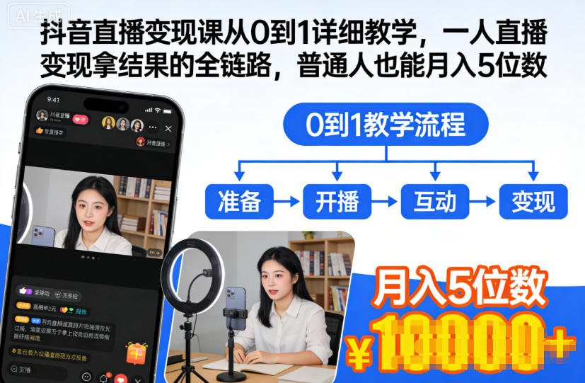 抖音直播变现课从0到1详细教学，一人直播变现拿结果的全链路，普通人也能月入5位数-创领云聚