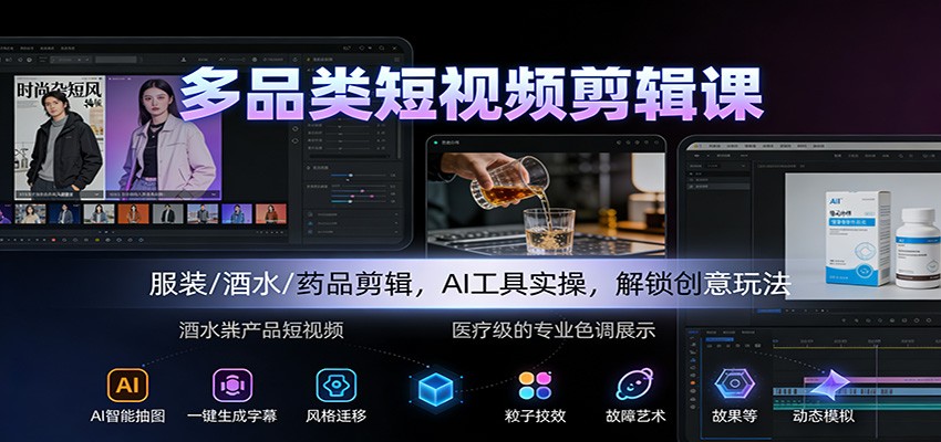 多品类短视频剪辑课：服装/酒水/药品剪辑，AI工具实操，解锁创意玩法-创领云聚