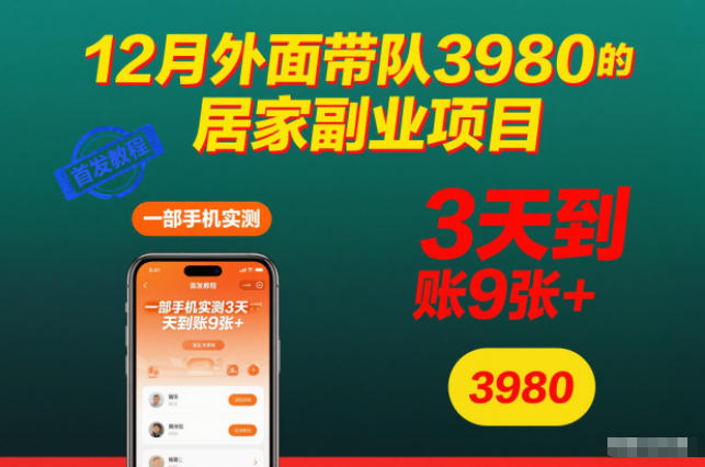 12月外面带队3980的居家副业项目,一部手机实测3天到账9张+,首发教程【揭秘】-创领云聚
