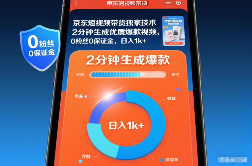 京东短视频带货独家技术，2分钟生成一条优质爆款视频，0粉丝0保证金，日入1k+【揭秘】-创领云聚