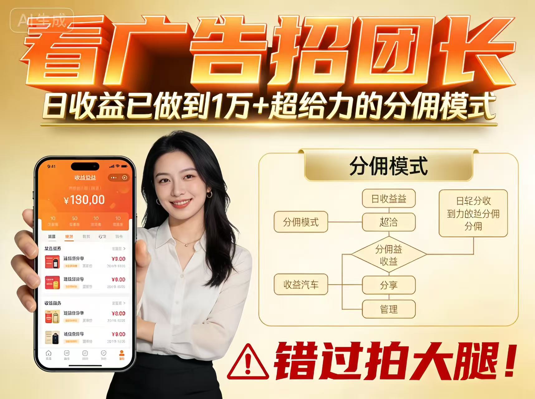 看广告招团长，团队收益已做到日入1万，分佣模式超给力，错过拍大腿-创领云聚