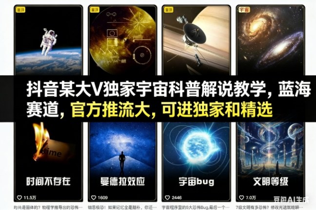 抖音某大V独家宇宙科普解说教学，蓝海赛道，官方推流大，可进独家和精选-创领云聚