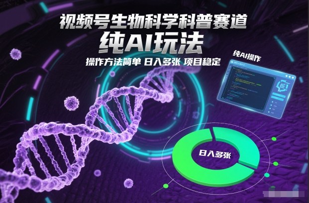 视频号生物科学科普赛道，纯AI玩法，操作方法简单，日入多张，项目稳定-创领云聚