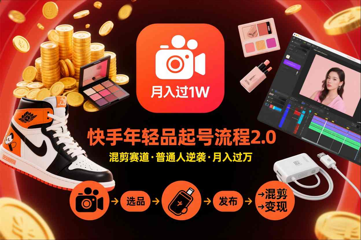 快手短视频带货年轻品起号流程2.0，快手年轻品混剪赛道，普通人也能月入过1W-创领云聚
