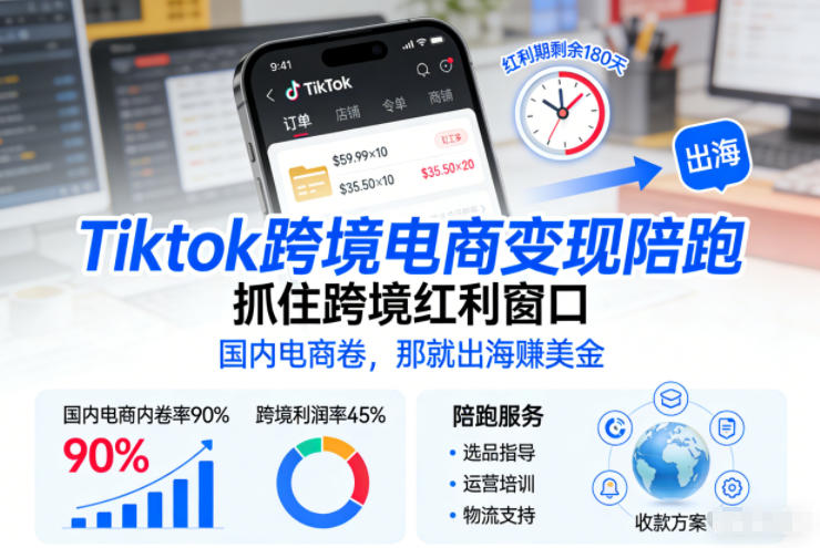 Tiktok跨境电商变现陪跑，抓住跨境红利窗口，国内电商卷，那就出海賺美金-创领云聚