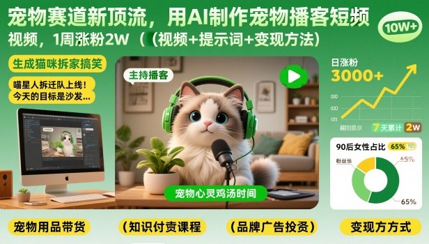 宠物赛道新顶流，用AI制作宠物播客短视频，1周涨粉2W(视频+提示词+变现方法)-创领云聚