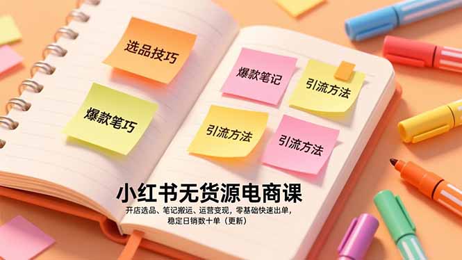 小红书无货源电商课，开店选品、笔记搬运、运营变现，零基础快速出单，稳定日销数十单(更新-创领云聚