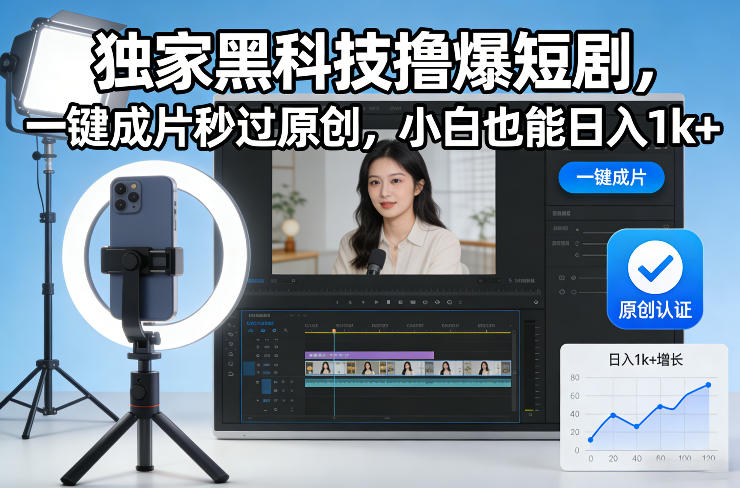 独家黑科技撸爆短剧，一键成片秒过原创，小白也能日入1k+【揭秘】-创领云聚