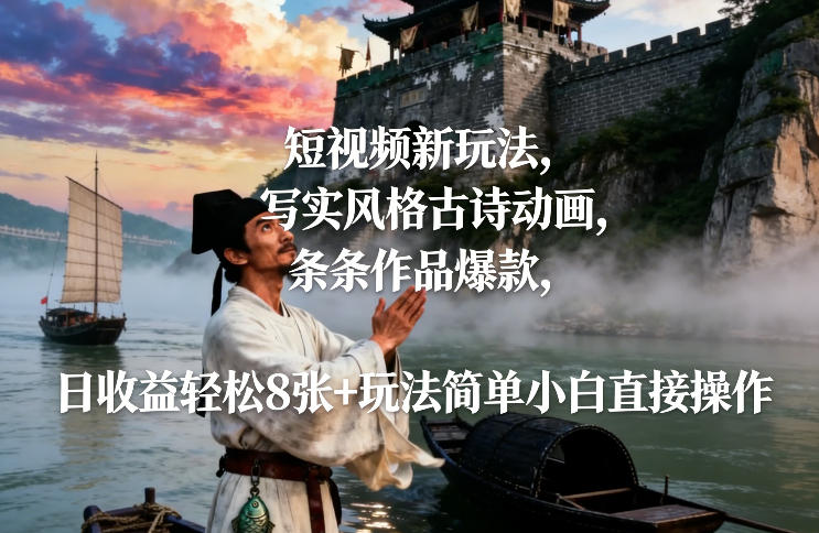 短视频新玩法，写实风格古诗动画，条条作品爆款，日收益轻松8张+玩法简单小白直接操作-创领云聚