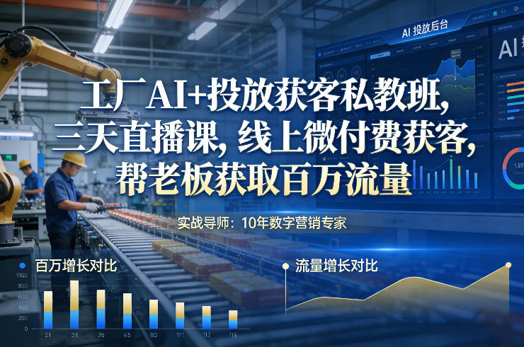 工厂AI+投放获客私教班，三天直播课，线上微付费获客，帮老板获取百万流量-创领云聚