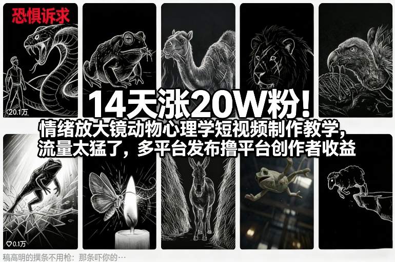 14天涨20W粉！情绪放大镜动物心理学短视频制作教学，流量太猛了，多平台发布撸平台创作者收益-创领云聚