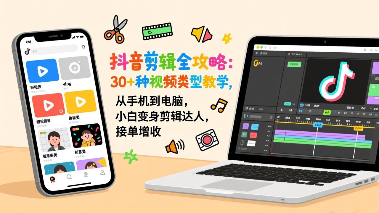 抖音剪辑全攻略：30+种视频类型教学，从手机到电脑，小白变身剪辑达人，接单增收-创领云聚