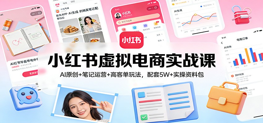 小红书虚拟电商实战课：AI原创+笔记运营+高客单玩法，配套5W+实操资料包-创领云聚