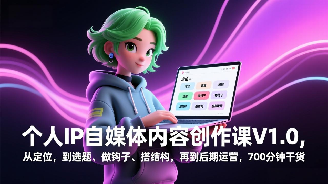 个人IP自媒体内容创作课V1.0，从定位，到选题、做钩子、搭结构，再到后期运营，700分钟干货-创领云聚