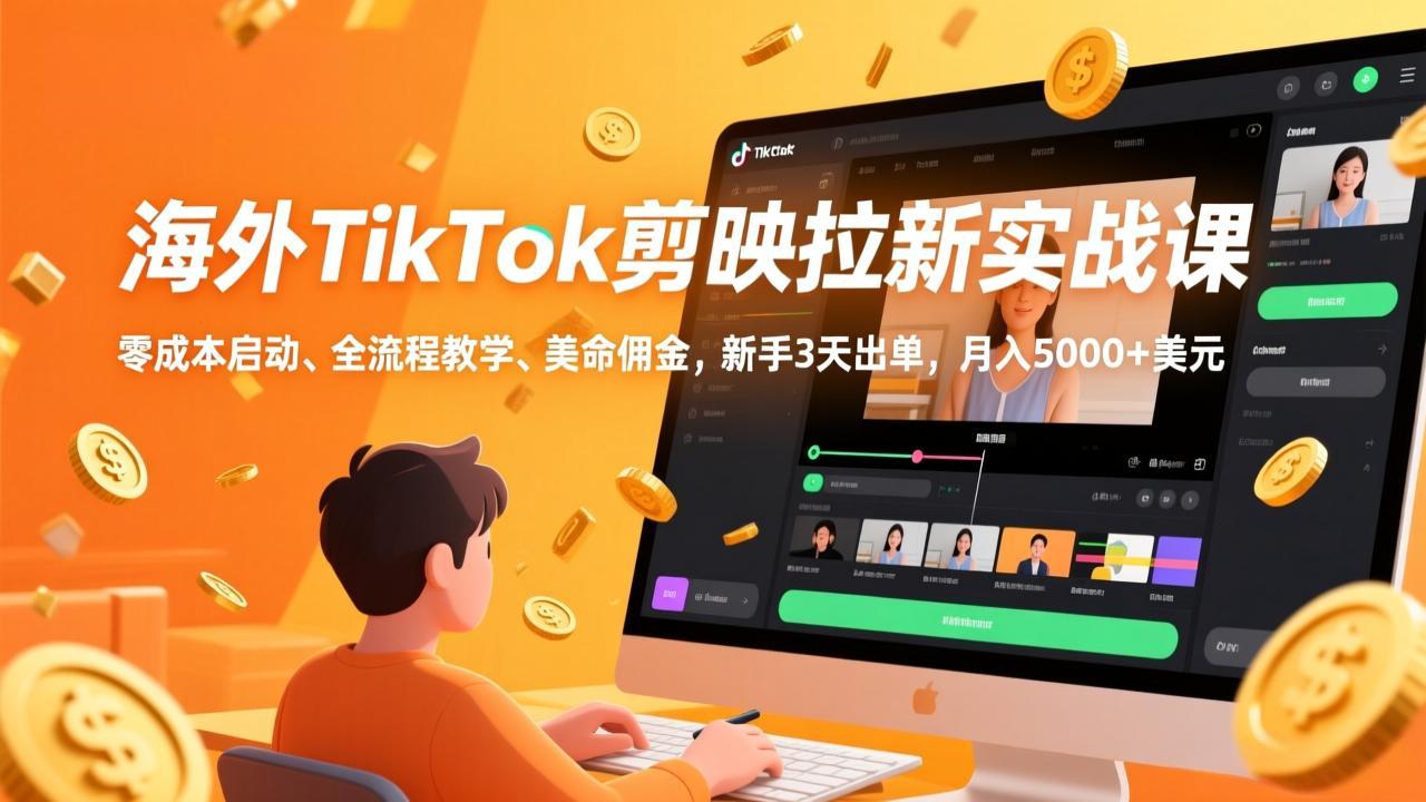 海外TikTok剪映拉新实战课，零成本启动、全流程教学、美金佣金，新手3天出单，月入5000+美元-创领云聚
