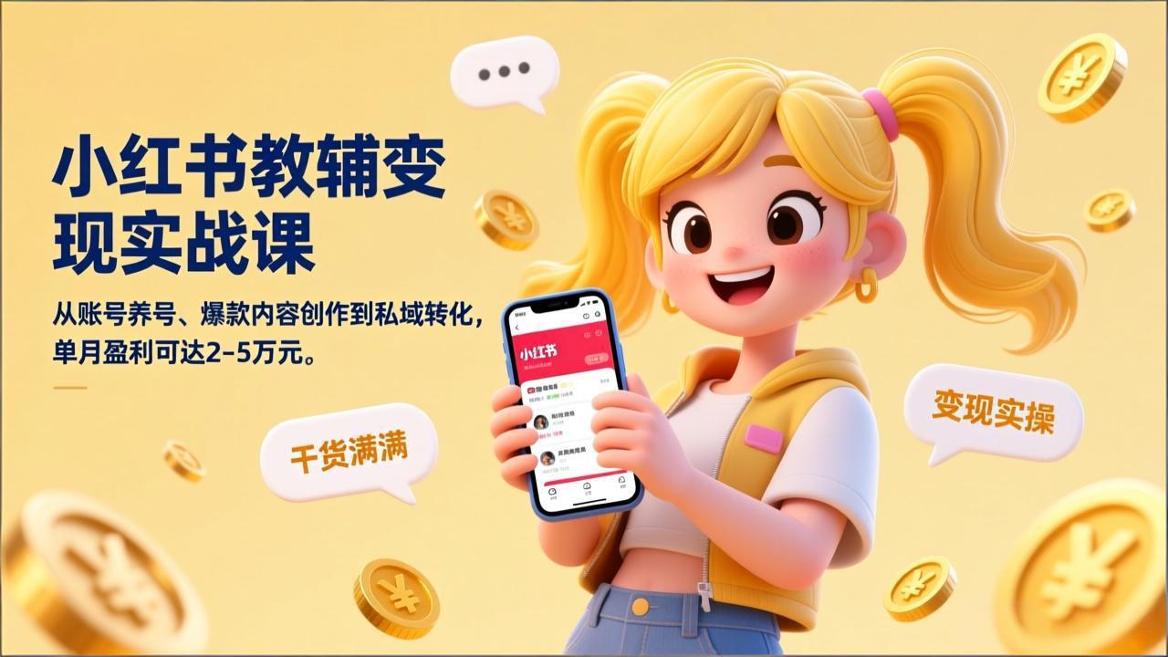 小红书教辅变现实战课，从账号养号、爆款内容创作到私域转化，单月盈利可达2-5万元-创领云聚