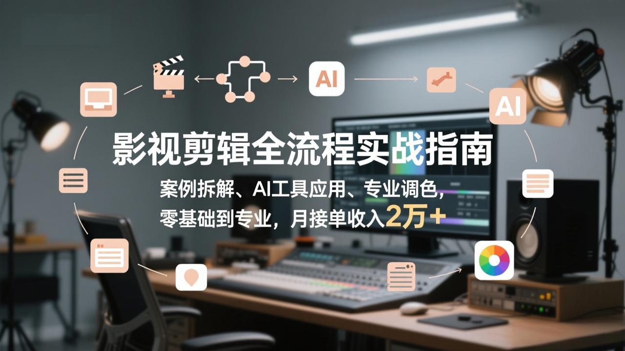 影视剪辑全流程实战指南，案例拆解、AI工具应用、专业调色，零基础到专业，月接单收入2万+-创领云聚