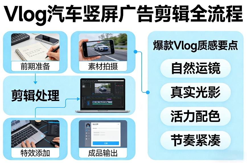 Vlog感觉汽车竖屏广告剪辑脚本全流程，拿捏爆款Vlog质感-创领云聚