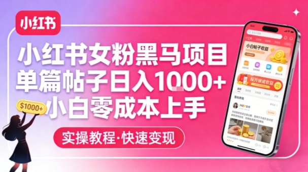 小红书女粉黑马项目，单篇帖子日入1k+，小白零成本上手-创领云聚