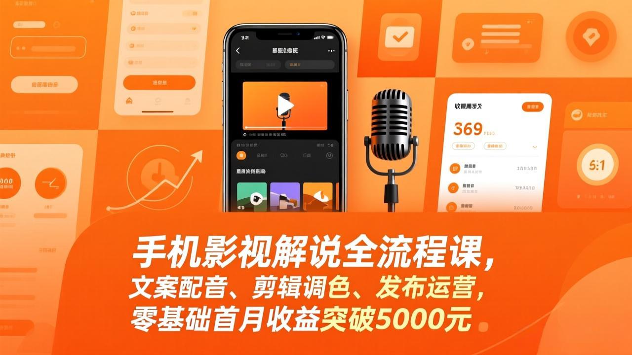 手机影视解说全流程课，文案配音、剪辑调色、发布运营，零基础首月收益突破5000元-创领云聚