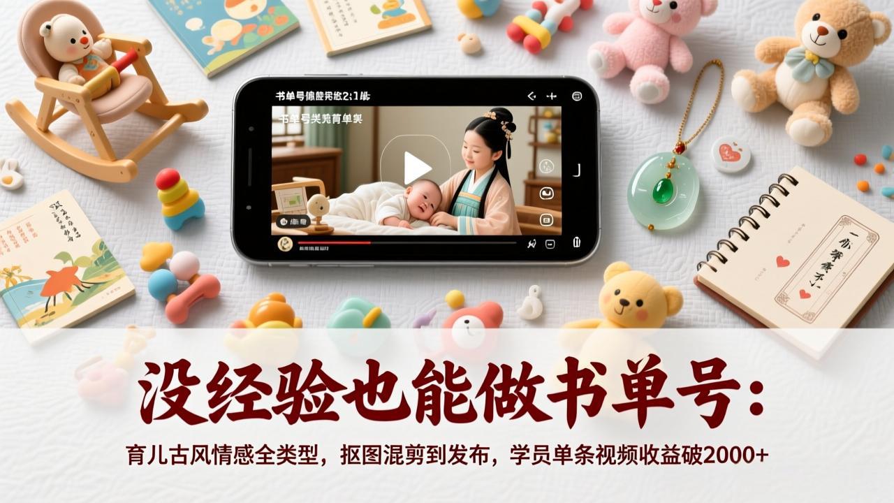 没经验也能做书单号：育儿古风情感全类型，抠图混剪到发布，学员单条视频收益破2000+-创领云聚