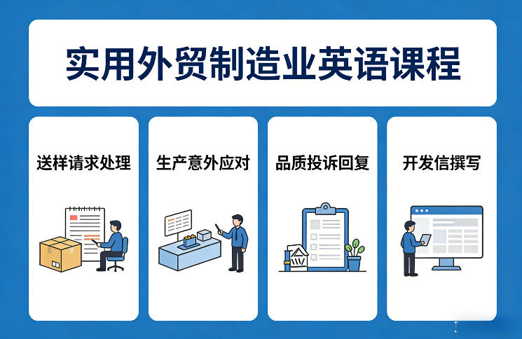 实用外贸制造业英语课程，教你专业处理送样请求、应对生产意外、回复品质投诉、撰写开发信等-创领云聚