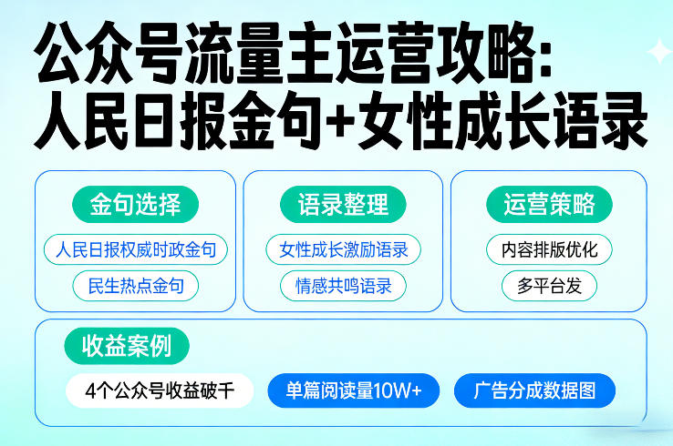 利用人民日报金句+女性成长语录做公众号流量主，4个公众号收益破千-创领云聚