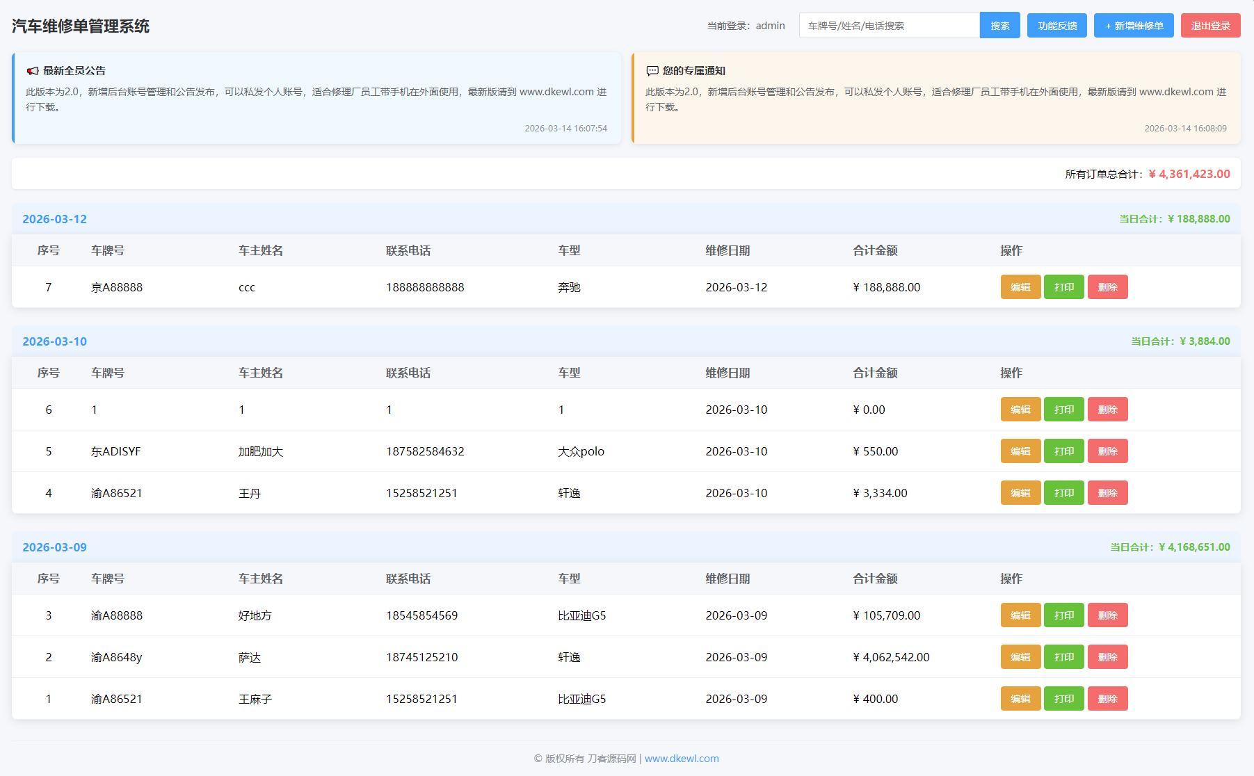 汽修单管理系统源码-创领云聚