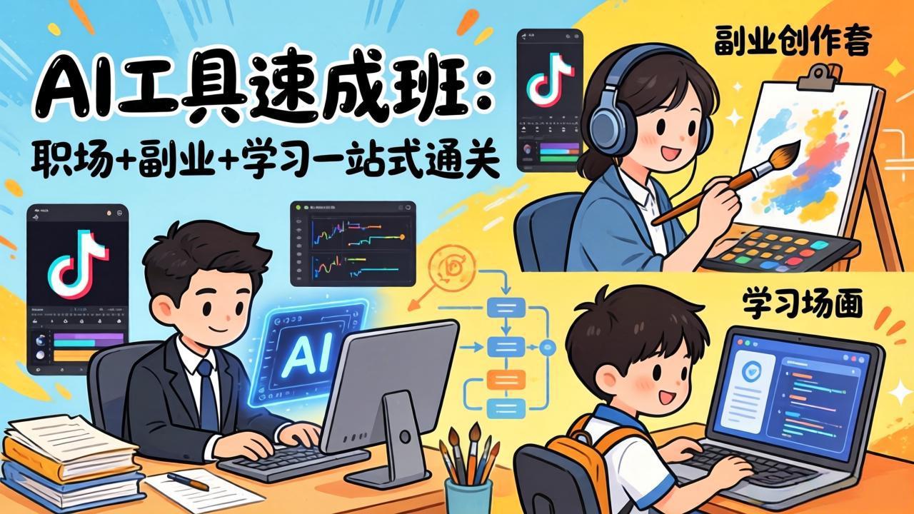 AI工具速成班：职场+副业+学习一站式通关，20+爆款类型+剪映技巧+抖音算法，0基础快速上手-创领云聚
